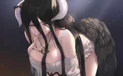 Rule 34 | 1girl, albedo (overlord), black hair, black wings, breasts, highres, large breasts, long hair, overlord (maruyama), pepeo, solo, tongue, tongue out, wings, yellow eyes