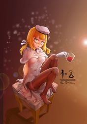 Rule 34 | 1girl, arm support, bad id, bad pixiv id, beret, blonde hair, brown background, brown pantyhose, character name, cup, elbow gloves, english text, fur trim, glasses, gloves, gluhwein, green eyes, hair ribbon, hat, himitsu neko, holding, holding cup, i-8 (kancolle), kantai collection, knees up, legs, lens flare, long hair, looking at viewer, low twintails, no shoes, on chair, pantyhose, parted lips, ribbon, robe, semi-rimless eyewear, sitting, solo, stool, thighband pantyhose, twintails, under-rim eyewear, white gloves