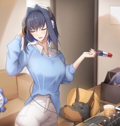 Rule 34 | 1girl, absurdres, alternate costume, black hair, blue hair, blue sweater, bow, bow earrings, breasts, closed eyes, couch, dog, earrings, food, headphones, highres, holding, holding food, holding popsicle, hololive, hololive english, jewelry, large breasts, open mouth, ouro kronii, popsicle, shorts, sweater, virtual youtuber, white shorts, zenya