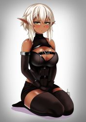 Rule 34 | 1girl, angry, black gloves, blush, borrowed character, breasts, cleavage, cleavage cutout, closed mouth, clothing cutout, dark-skinned female, dark elf, dark skin, de-chan (belko), elbow gloves, elf, female focus, frown, full body, gloves, highres, large breasts, pointy ears, short hair, short shorts, shorts, simple background, sitting, solo, the only shoe, white hair, yellow eyes