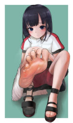 Rule 34 | 1girl, :o, blue background, blue eyes, blue hair, blush, border, collared shirt, commentary request, feet, foot focus, footprints, foreshortening, highres, lumina (artist), medium hair, qiao ling, sandals, shiguang dailiren, shirt, shorts, simple background, smell, solo, sweat, toes