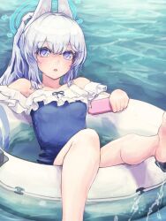 Rule 34 | 1girl, animal ears, bare legs, bare shoulders, barefoot, blue archive, blush, bow, breasts, cellphone, fake animal ears, foot out of frame, grey hair, halo, highres, holding, legs, long hair, looking at viewer, miyako (blue archive), miyako (swimsuit) (blue archive), phone, purple eyes, rabbit ears, small breasts, soles, solo, stella (stella), white hair