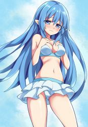 Rule 34 | 1girl, bikini, blue background, blue eyes, blue hair, blush, breasts, female focus, leviathan (zettai bouei leviathan), long hair, looking at viewer, matching hair/eyes, navel, pointy ears, simple background, solo, standing, swimsuit, unacchi (nyusankin), wavy mouth, zettai bouei leviathan