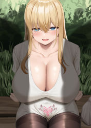 Rule 34 | 1girl, :d, absurdres, arm support, bench, black pantyhose, blonde hair, blue eyes, breasts, cleavage, collarbone, commentary request, covered erect nipples, covered navel, crossed bangs, grass, highres, huge breasts, kusana (dudqja602), long hair, looking at viewer, open mouth, original, pantyhose, park bench, pubic tattoo, shadow, shirt, short sleeves, sidelocks, sitting, smile, solo, tattoo, white shirt