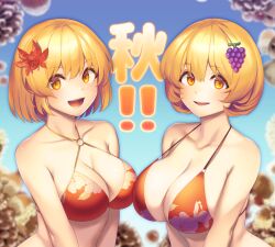 Rule 34 | 2girls, aki minoriko, aki shizuha, bare arms, bare shoulders, bikini, blonde hair, blush, breasts, cleavage, collarbone, commentary request, food-themed hair ornament, grape hair ornament, hair between eyes, hair ornament, highres, large breasts, leaf hair ornament, looking at viewer, multiple girls, open mouth, red bikini, short hair, smile, swimsuit, tarmo, touhou, upper body, yellow eyes