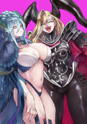 Rule 34 | 2girls, absurdres, aqua hair, armor, asymmetrical bangs, black armor, black bodysuit, black gloves, blonde hair, blue panties, blue shirt, blue thighhighs, bodysuit, braid, breastplate, breasts, choker, cleavage, closed eyes, cropped shirt, curled horns, facial mark, fate/grand order, fate (series), gloves, gumi (the eye of darkness), hair between eyes, hair over one eye, highleg, highleg panties, highres, horns, jewelry, large breasts, larva tiamat (fate), larva tiamat (third ascension) (fate), long hair, looking at viewer, multiple girls, navel, nero claudius (fate), nero claudius (fate) (all), open mouth, panties, pauldrons, pendant, pink eyes, pointy ears, queen draco (fate), queen draco (third ascension) (fate), shirt, shoulder armor, shrug (clothing), sidelocks, smile, stomach tattoo, striped sleeves, symbol-shaped pupils, tail, tattoo, thighhighs, thighs, tiamat (fate), underwear, very long hair