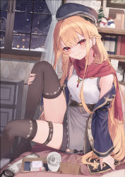Rule 34 | 1girl, armpit crease, belt, beret, blonde hair, box, braid, breasts, cross, cross necklace, curtains, earrings, hand on own knee, hat, highres, jewelry, knee up, light blush, long hair, looking at viewer, mizuiro raika, necklace, original, paper, red scarf, scarf, shelf, small breasts, smile, snow, solo, thigh belt, thigh strap, thighhighs, thighs, very long hair, window, yellow eyes