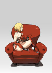 Rule 34 | 1girl, ass, back, bare shoulders, blonde hair, blue eyes, couch, grey background, highres, lamian (pixiv415608), mechanical arms, mechanical legs, original, short hair, simple background, single mechanical arm, sitting, solo