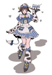 Rule 34 | 1girl, animal ears, animal print, apron, bell, blue dress, blush, bottle, breasts, brown eyes, brown hair, checkered clothes, checkered dress, choroip, collarbone, cow ears, cow horns, cow print, detached sleeves, dress, fake tail, highres, holding, holding tray, horns, idolmaster, idolmaster cinderella girls, large breasts, looking at viewer, maid apron, milk bottle, neck bell, oikawa shizuku, open mouth, short hair, solo, tail, thighs, tray