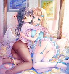 Rule 34 | 2girls, :d, armband, ass, black hair, blonde hair, blue bow, blue dress, blue footwear, blue panties, blush, bow, breast press, breasts, brown eyes, brown legwear, china dress, chinese clothes, closed mouth, day, dress, floral print, flower, frilled dress, frills, from side, garter straps, green eyes, hair bow, high heels, highres, holding, hug, indoors, large breasts, light brown hair, long hair, long sleeves, looking at viewer, medium breasts, multiple girls, on bed, open mouth, original, painting (object), panties, pantyhose, petals, photo (object), picture frame, pillow, pink background, pink footwear, print dress, purple hair, red flower, red rose, ribbon, rose, shoes, short dress, sidelocks, smile, sousouman, symmetrical docking, thighband pantyhose, thighhighs, underwear, very long hair, white dress, white legwear, yellow flower, yellow ribbon, yellow rose, yuri