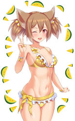 Rule 34 | 1girl, alternate costume, animal ears, bare shoulders, bikini, blush, bow, breasts, brown hair, cat ears, cat girl, collarbone, commentary request, fairy, food, fruit, hair between eyes, highres, kawase seiki, medium breasts, nail polish, navel, one eye closed, red eyes, short hair, short twintails, silica, silica (sao-alo), simple background, smile, solo, swimsuit, sword art online, toned, toned female, twintails, white background, yellow bikini, yellow bow, yellow nails