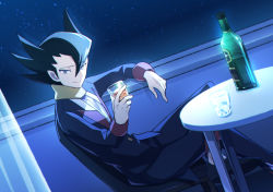 Rule 34 | 1boy, black hair, black jacket, bottle, chair, commentary request, creatures (company), cup, elite four, game freak, grimsley (pokemon), hair between eyes, highres, holding, holding cup, jacket, liquid, long sleeves, looking at viewer, male focus, momoji (lobolobo2010), night, nintendo, pokemon, pokemon bw, sitting, sky, smile, solo, star (sky), table