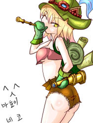 Rule 34 | 1girl, ^ ^, animal ears, ass, backpack, bad id, bad pixiv id, bag, bare shoulders, blonde hair, blowgun, blush, breasts, closed eyes, closed eyes, gender request, genderswap, gloves, goggles, goggles on head, hat, league of legends, mahoy, map, aged up, scroll, short hair, shorts, signature, solo, spyglass, teemo, white background, wink, yellow eyes