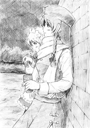 Rule 34 | 2girls, against wall, can, female focus, from side, graphite (medium), greyscale, hong meiling, izayoi sakuya, monochrome, multiple girls, scarf, touhou, traditional media, vent arbre