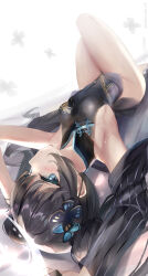 Rule 34 | 1girl, armpits, bare legs, black coat, black dress, black hair, blue archive, blue eyes, breasts, bug, butterfly, coat, dress, groin, hair ornament, hairclip, halo, highres, insect, kisaki (blue archive), looking at viewer, lying, natuna natu, simple background, small breasts, solo, sweatdrop, white background