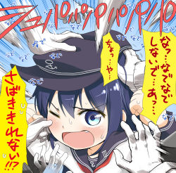 Rule 34 | 1girl, akatsuki (kancolle), blue background, blue eyes, blue hair, blush, commentary, commentary request, embarrassed, emphasis lines, fang, gloves, grey headwear, grey sailor collar, hat, headpat, highres, kantai collection, long sleeves, neckerchief, one eye closed, open mouth, pinching, red neckerchief, sailor collar, school uniform, serafuku, shirt, solo focus, sweatdrop, translation request, umakuchi shouyu, white gloves, white shirt, wide-eyed