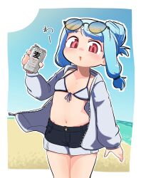 Rule 34 | 1girl, absurdres, alternate costume, alternate hairstyle, asihire, beach, beer can, bikini, bikini top only, black shorts, blue sky, blush, border, breasts, can, commentary request, cowboy shot, day, denim, denim shorts, drink can, eyewear on head, grey bikini, grey hoodie, hair bun, hand up, highres, holding, holding can, hood, hood down, hoodie, kotonoha aoi, long sleeves, looking at viewer, low-tied sidelocks, ocean, open clothes, open hoodie, outdoors, outline, red eyes, sand, short shorts, shorts, sidelocks, single hair bun, sky, small breasts, smile, solo, stomach, sunglasses, swimsuit, voiceroid, white border, white outline