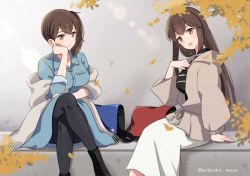 Rule 34 | 1girl, akagi (kancolle), alternate legwear, black shirt, blue dress, breast pocket, breasts, brown eyes, brown hair, casual, commentary request, dress, feet out of frame, grey background, grey jacket, hair between eyes, heart, highres, jacket, kaga (kancolle), kantai collection, long hair, long sleeves, looking at viewer, medium breasts, natsume (natsume melio), official alternate costume, one-hour drawing challenge, pantyhose, pocket, shirt, short sidetail, side ponytail, sitting, skirt, smile, solo, straight hair, striped clothes, striped shirt, twitter username, white jacket, white skirt