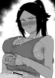 1boy 1girl bar_censor bare_shoulders black_hair bleach blush breasts censored clothed_paizuri dark-skinned_female dark_skin highres kaiman_garupan large_breasts licking_lips long_hair monochrome paizuri parted_bangs penis ponytail shihouin_yoruichi tank_top tongue tongue_out veins veiny_penis