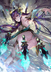 Rule 34 | 1girl, absurdres, armpits, ass, backless outfit, blue eyes, breasts, detached sleeves, divine sword irelia, from behind, headgear, highres, irelia, knife, league of legends, long hair, looking at viewer, looking back, outstretched arm, parted lips, purple hair, sash, solo, thighhighs, vardan, weapon