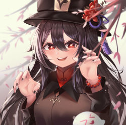 Rule 34 | 1girl, absurdres, bead bracelet, beads, black coat, black hat, blush, bracelet, breasts, brown hair, coat, flower, genshin impact, ghost, hat, hat flower, highres, hu tao (genshin impact), jewelry, long hair, long sleeves, looking at viewer, muo (muojjang 0929), open mouth, plum blossoms, red eyes, small breasts, smile, solo, symbol-shaped pupils, twintails, very long hair