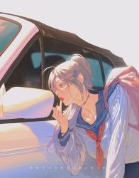Rule 34 | 1girl, bag, blue eyes, car, finger to mouth, fingernails, genderswap, genderswap (mtf), grey hair, hair ornament, hairclip, highres, jujutsu kaisen, lipstick, long hair, looking at mirror, mahito (jujutsu kaisen), makeup, mirror, motor vehicle, nail polish, ponytail, rabbit, red ribbon, ribbon, school uniform, sharp fingernails, shoulder bag, simple background, solo, stitched arm, stitched face, stitched neck, stitches, twitter username, wengwengchim, white background