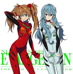 Rule 34 | 2girls, alternate hairstyle, ayanami rei, betti (xx betti), blue eyes, bodysuit, bracer, evangelion: 3.0+1.0 thrice upon a time, highres, multicolored bodysuit, multicolored clothes, multiple girls, neon genesis evangelion, orange hair, pilot suit, plugsuit, rebuild of evangelion, red bodysuit, red eyes, smile, souryuu asuka langley, twintails, white bodysuit