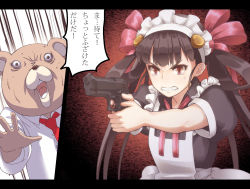 Rule 34 | 1girl, aiming, apron, artist self-insert, beretta 92, black hair, commentary, crying, crying with eyes open, gun, handgun, highres, letterboxed, maid apron, maid headdress, necktie, noraico, noraico (artist), original, red eyes, solo, stuffed animal, stuffed toy, tears, teddy bear, twintails, weapon