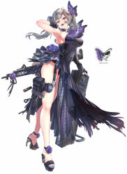 Rule 34 | arm up, armpits, asymmetrical sleeves, bare legs, breasts, bug, butterfly, butterfly hair ornament, character name, choker, dress, english text, explosive, fingerless gloves, flower, frilled dress, frills, full body, garter straps, gloves, grenade, grey hair, gun, hair ornament, high heels, highres, insect, legs, looking at viewer, medium breasts, medium hair, miv4t, mole, mole on breast, multicolored hair, nail polish, open mouth, original, purple dress, purple nails, red eyes, red hair, rifle, sandals, side slit, sidelocks, simple background, single sleeve, solo, strapless, streaked hair, toes, twintails, uneven sleeves, weapon, white background