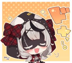 Rule 34 | 1girl, :d, black collar, black hair, blush, bow, camisole, caution, chibi, closed eyes, collar, commentary request, eye mask, fang, gradient background, grey hair, hair ornament, hairclip, heart, highres, hololive, hood, hood up, multicolored hair, muuran, open mouth, orange background, plaid, plaid bow, polka dot, polka dot background, red bow, sakamata chloe, smile, solo, streaked hair, translation request, upper body, virtual youtuber, white camisole, x hair ornament, yellow background