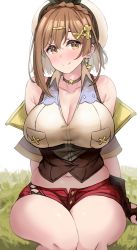 Rule 34 | 1girl, atelier (series), atelier ryza, atelier ryza 3, beret, breast pocket, breasts, brown choker, brown eyes, brown gloves, brown hair, choker, cleavage, clip, commentary request, earrings, gloves, grass, hat, highres, jewelry, kibihimi, large breasts, looking at viewer, navel, pocket, red shorts, reisalin stout, short hair, short shorts, shorts, simple background, single earring, sitting, smile, solo, thick thighs, thighs, white background, white hat