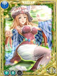 Rule 34 | 1girl, belt, bracelet, breasts, circle of mana, cleavage, dress, feathers, green eyes, isabella (seiken densetsu 3), jewelry, jpeg artifacts, necklace, official art, red hair, seiken densetsu, seiken densetsu 3, thighhighs, turban