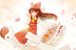 Rule 34 | 1girl, bad id, bad pixiv id, bow, brown eyes, brown hair, chaba (hortensia), detached sleeves, female focus, gohei, gradient background, hakurei reimu, japanese clothes, long hair, miko, ofuda, skirt, solo, touhou, white background, yin yang