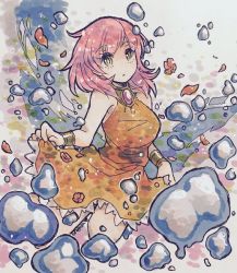 Rule 34 | 1girl, breasts, bright pupils, commentary request, dress, final fantasy, final fantasy v, green eyes, jewelry, lenna charlotte tycoon, lifting own clothes, medium hair, orange shirt, pink hair, shirt, skirt, solo, sunagimo (nagimo)