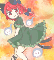 Rule 34 | 1girl, animal ears, blue bow, blue fire, bow, braid, cat ears, cat tail, closed mouth, commentary request, dress, feet out of frame, fire, floating skull, green dress, hair bow, hair ribbon, highres, kaenbyou rin, knees together feet apart, light blush, light smile, long hair, looking at viewer, multiple tails, nekomata, one-hour drawing challenge, orange background, partial commentary, red eyes, red hair, ribbon, salt (seasoning), simple background, solo, tail, touhou, tress ribbon, twin braids, two tails, v arms