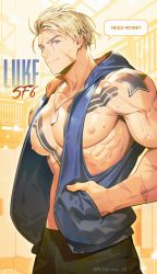 Rule 34 | 1boy, absurdres, arm tattoo, bara, bare pectorals, blonde hair, blue eyes, blue vest, character name, chest tattoo, closed mouth, copyright name, english text, green shorts, hands in pockets, highres, large pectorals, luke sullivan, male focus, muscular, muscular male, nipples, open clothes, open vest, pectorals, plzgiveme 00, scar, scar on arm, scar on face, short hair, shorts, smile, solo, street fighter, street fighter 6, tattoo, twitter username, vest