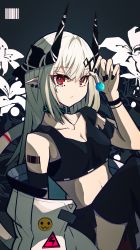 Rule 34 | 1girl, absurdres, arknights, barcode, barcode tattoo, bare shoulders, black nails, black shirt, breasts, candy, cleavage, closed mouth, earrings, flower, food, highres, holding, holding food, horns, jewelry, lollipop, long hair, looking at viewer, lulu (15183338668), mudrock (arknights), nail polish, navel, pointy ears, red eyes, shirt, sleeveless, sleeveless shirt, solo, tattoo, white flower, white hair
