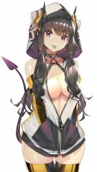 Rule 34 | 1girl, bare shoulders, black jacket, blush, breasts, brown hair, cleavage, commentary request, demon girl, demon tail, detached sleeves, grey jacket, highres, hood, hood up, jacket, large breasts, long hair, original, red eyes, simple background, solo, tail, teddy (khanshin), thighhighs, tongue, tongue out, twintails, white background, yellow jacket, yellow sleeves, yellow thighhighs, zipper