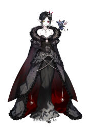 1girl bare_shoulders black_dress black_gloves black_hair braid breasts character_request cleavage cloak closed_mouth crown detached_sleeves dress frilled_dress frills full_body fur-trimmed_cloak fur_trim fuyuno_yuuki gloves grey_hair highres holding holding_polearm holding_weapon jewelry layered_sleeves long_sleeves looking_at_viewer medium_breasts mini_crown official_art oshiro_project:re pointy_ears polearm puffy_short_sleeves puffy_sleeves ring short_over_long_sleeves short_sleeves simple_background smile solo standing tilted_headwear trident weapon white_background