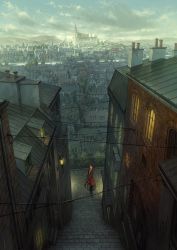 Rule 34 | 1girl, brown hair, building, cable, chimney, cityscape, cloud, coat, from above, highres, looking at viewer, looking up, original, scenery, short hair, sky, solo, stairs, suitcase, turtleneck, yoshida seiji