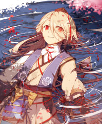 Rule 34 | 10s, 1boy, blonde hair, hat, ima-no-tsurugi, japanese clothes, long hair, looking at viewer, male focus, partially submerged, petals, red eyes, smile, solo, tokin hat, touken ranbu, water, yetworldview kaze
