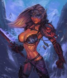 Rule 34 | 1girl, armor, artist request, bikini, bikini top only, blonde hair, breasts, circlet, colored skin, earrings, elf, female focus, gauntlets, jewelry, large breasts, mountain, nature, navel, outdoors, plant, pointy ears, red skin, shoulder pads, sky, snow, solo, source request, swimsuit, sword, weapon