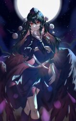 Rule 34 | 1girl, bird, bird wings, black hair, blue dress, boots, crow, dax5f98duyq6wn4, dress, feet out of frame, full moon, hat, highres, iizunamaru megumu, knee boots, light smile, long hair, moon, night, night sky, parted lips, pom pom (clothes), sky, sleeves past elbows, solo, star (sky), tokin hat, touhou, wings