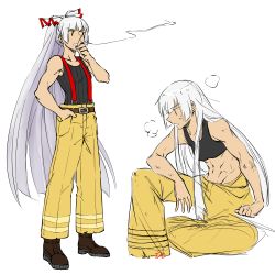 Rule 34 | 1girl, abs, alternate costume, artist name, bare shoulders, belt, casual, cigarette, contemporary, dlanon, fujiwara no mokou, full body, hand in pocket, hime cut, long hair, multiple views, muscular, pants, sitting, sleeveless, sports bra, standing, suspenders, toned, touhou, very long hair, yellow pants
