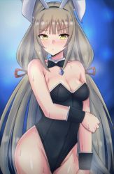 Rule 34 | 1girl, absurdres, animal ears, bare shoulders, black bow, black bowtie, black leotard, bow, bowtie, breasts, cleavage, cowboy shot, detached collar, highres, latte, leotard, long hair, looking at viewer, low twintails, medium breasts, nia (blade) (xenoblade), nia (xenoblade), playboy bunny, rabbit ears, silver hair, solo, strapless, strapless leotard, sweat, twintails, very long hair, wrist cuffs, xenoblade chronicles (series), xenoblade chronicles 2, yellow eyes