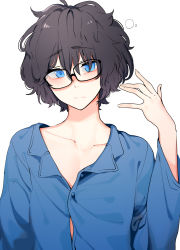 Rule 34 | 1boy, absurdres, ahoge, black-framed eyewear, black hair, blue eyes, blue pajamas, blue shirt, blush, closed mouth, collarbone, collared shirt, commentary request, dress shirt, glasses, hair between eyes, hand up, highres, indie virtual youtuber, kushizaki (vtuber), looking at viewer, male focus, messy hair, pajamas, shirt, short hair, simple background, sleepy, solo, st (youx1119), upper body, virtual youtuber, white background