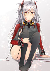 Rule 34 | 1girl, :o, aga marino, antenna hair, arm at side, azur lane, black gloves, blush, breasts, bright pupils, convenient leg, cross, dress, full body, garter straps, gloves, gradient background, grey background, grey dress, headphones, iron cross, knees up, long hair, long sleeves, looking at viewer, medium breasts, mole, mole on breast, multicolored hair, no shoes, orange eyes, panties, pantyshot, parted lips, prinz eugen (azur lane), short dress, silver hair, sitting, solo, swept bangs, two side up, underwear, very long hair