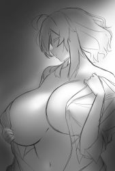 Rule 34 | 1girl, absurdres, breasts, faceless, faceless female, greyscale, highres, huge breasts, insomnia-chan, kay yu, monochrome, no bra, original, short hair, standing, undressing, upper body, white background