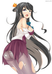 Rule 34 | 10s, 1girl, :o, artist name, ass, bad id, bad pixiv id, black hair, blue bow, blue bowtie, blush, bow, bowtie, breast hold, breasts, cowboy shot, dress, fang, from behind, grey panties, hair rings, kankitsunabe (citrus), kantai collection, large breasts, long hair, long sleeves, looking back, naganami (kancolle), nose blush, open mouth, panties, panties under pantyhose, pantyhose, pink pantyhose, pleated skirt, purple eyes, red skirt, red vest, shirt, sideboob, sidelocks, skirt, sleeveless, sleeveless dress, solo, standing, tooth, torn clothes, torn dress, torn pantyhose, torn shirt, torn vest, underwear, very long hair, vest, white shirt