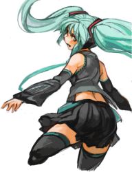 Rule 34 | 1girl, detached sleeves, floating hair, from behind, green eyes, green hair, hatsune miku, headphones, long hair, looking back, matching hair/eyes, midriff, necktie, sachito, skirt, solo, thighhighs, twintails, vocaloid, white background